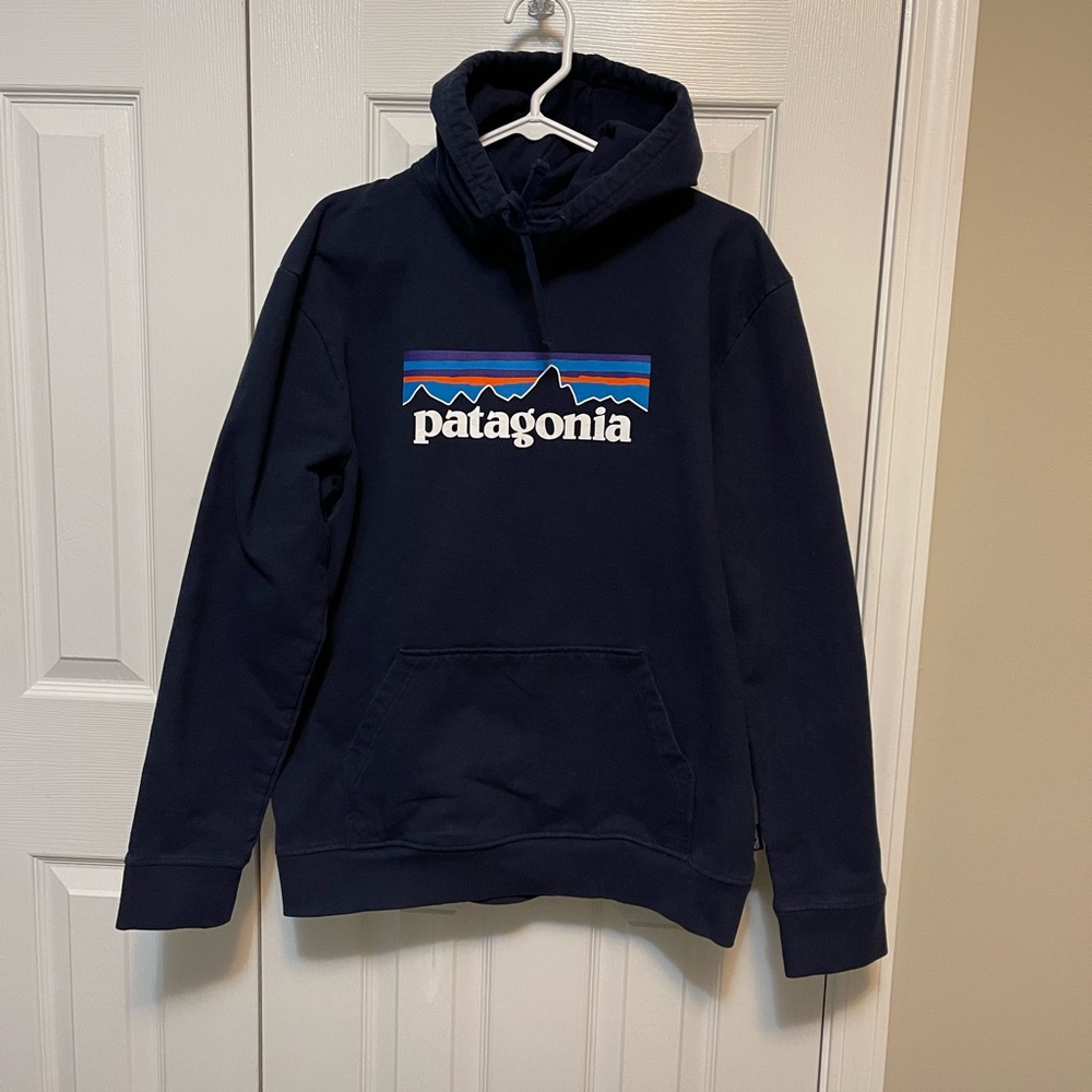 Patagonia Navy Blue Hoodie with Multicolor Logo